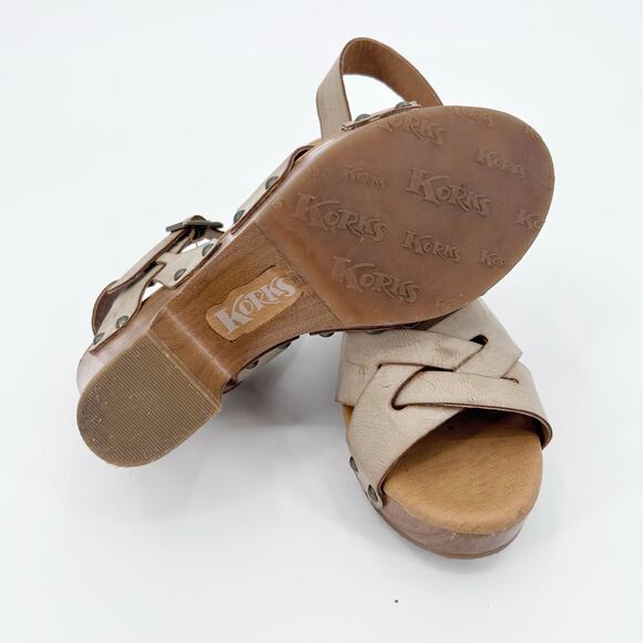 Korks Babette Platform Wedge Sandals Tan Leather Cross Strap Women’s Size 6M - Picture 10 of 11